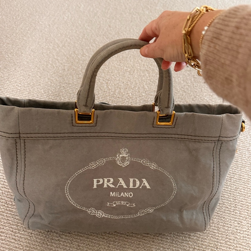 Prada Gray Tote Bag with Logo and Gold Hardware